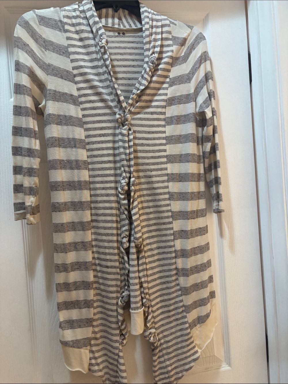 Three Dots Striped Open-Front Cardigan in Gray and Cream